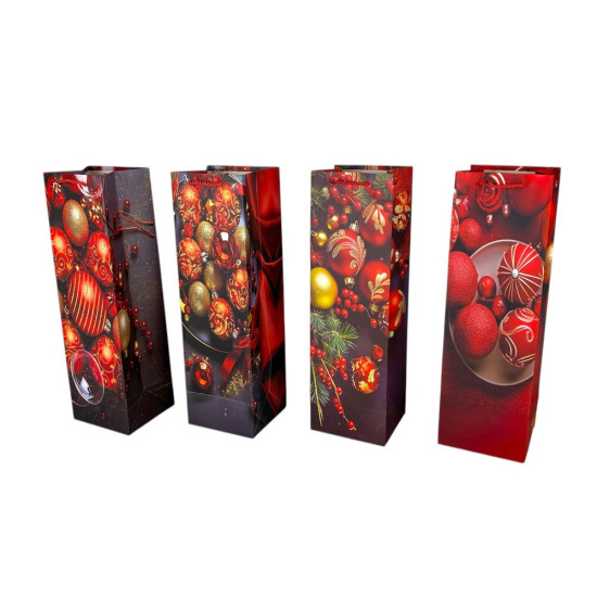 Пакет подарунковий  новорічний  під пляшку, 4 дизайни, 210g , 36 х 10 х 11  см (ZY-5608-2J)