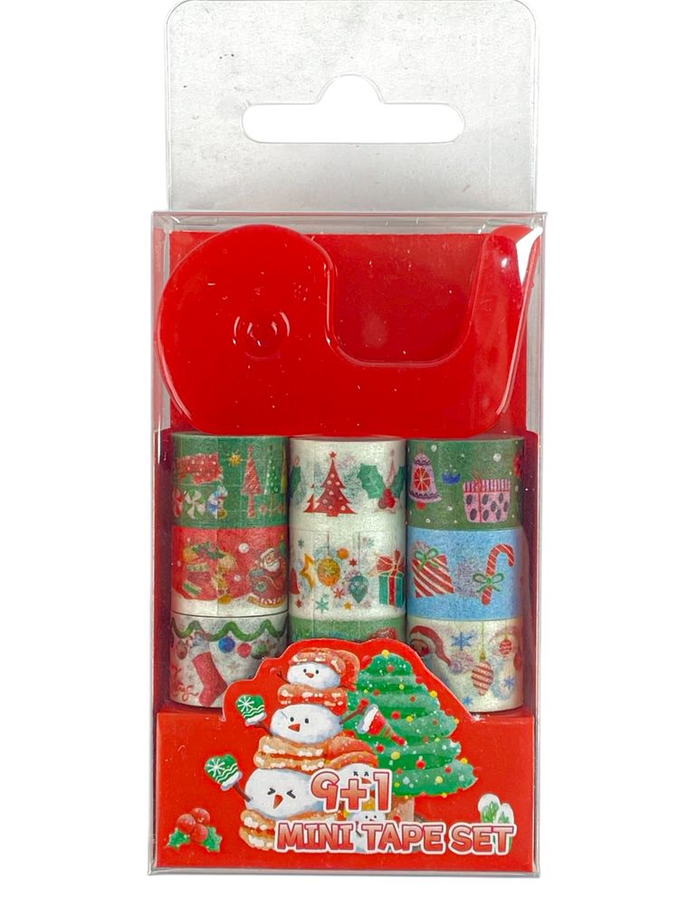 Набір стрічок декоративних паперових Washi 9шт 1,5см х 1м з діспенсером, Новорічні (CH9+1)