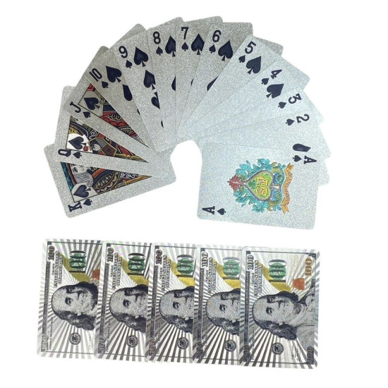 Карти гральні пластикові 54 шт,   срібні  "долар" (13931)