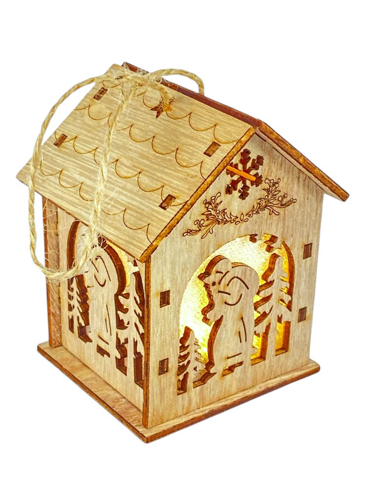 Дерев'яний підвіс Будиночок з підсвічуванням з Сантою 6 х 6 х 8см (L00413.1)
