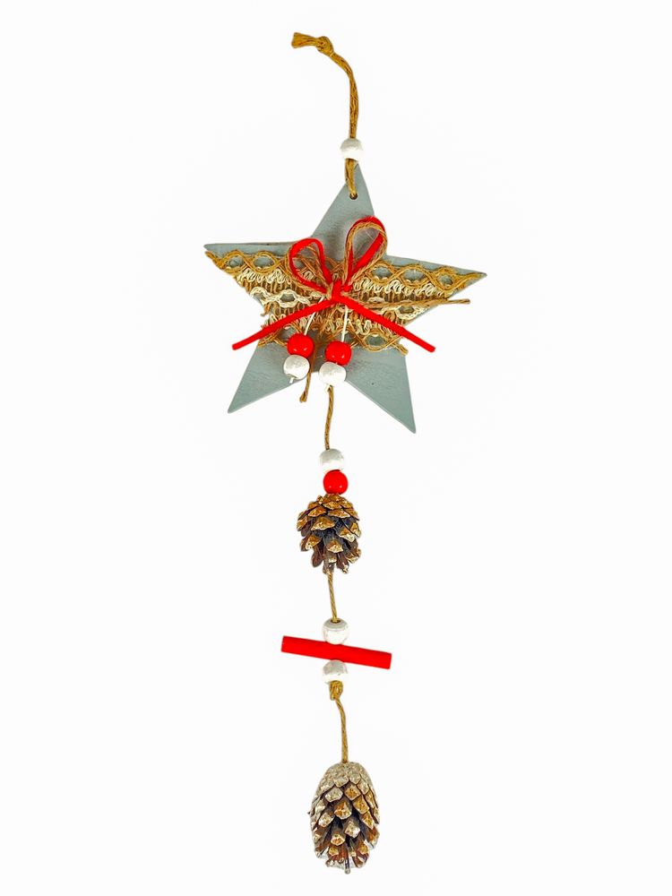 Деревʼяна підвіска зірка сіра з шишками 12 х 12 см (L00410.9)