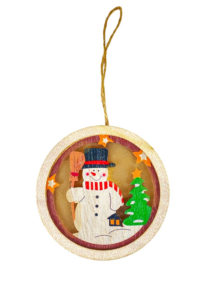 Дерев'яна підвіска куля-підсвітка з сніговикм 9,5 см (L00411.1)