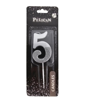 Свічка-цифра з блискітками  "5", срібло 5см (863315)