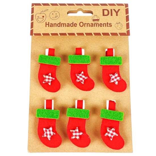 Дерев'яні прищіпки новорічні шкарпетки для подарунків  4,5см - 6шт (L00417.2)