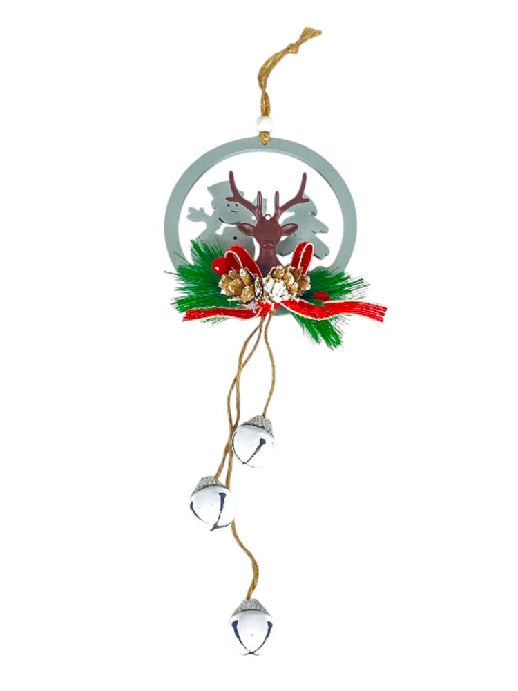 Деревʼяная підвіска сніговик сірий з оленем 12 х 12 см (L00409.6)
