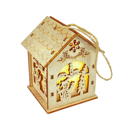 Дерев'яний підвіс Будиночок з підсвічуванням зі сніговиком 6 х 6 х 8см (L00413)