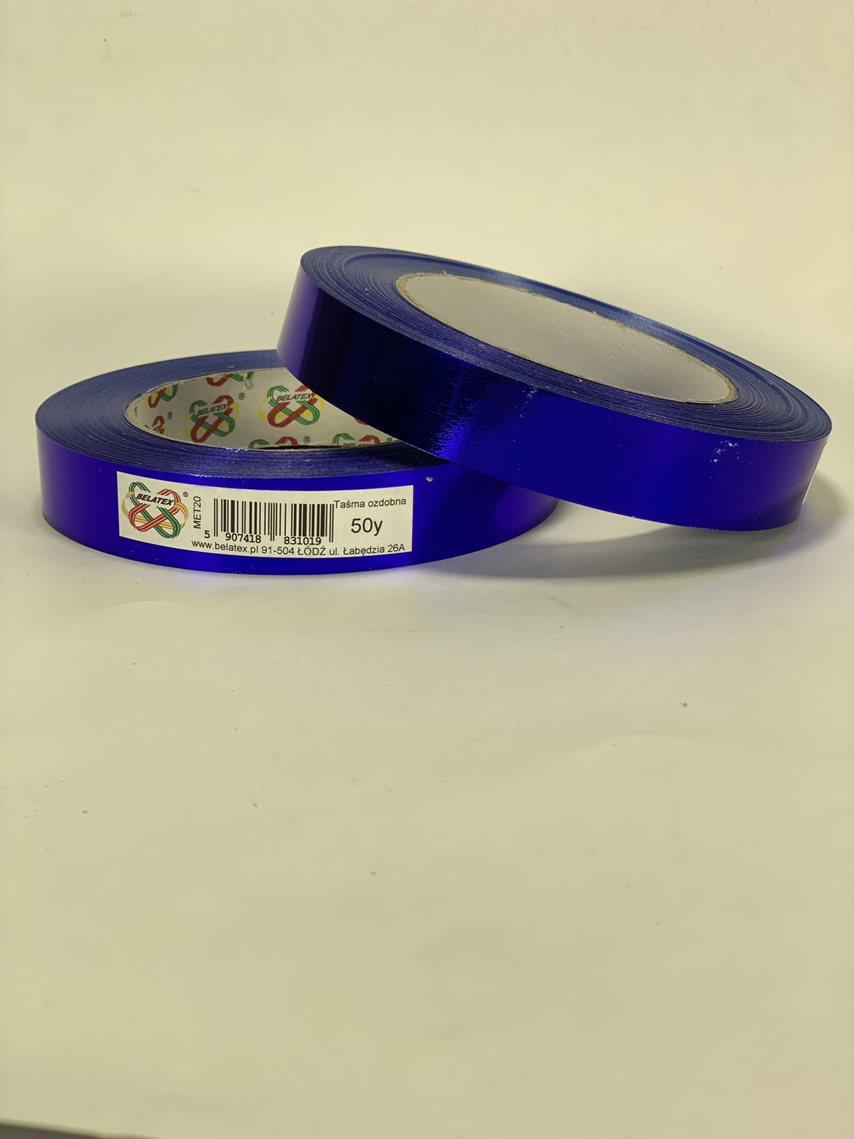 Стрічка пластикова 2см, 50 ярд,   синя металізована , BELATEX (MET20-blue)