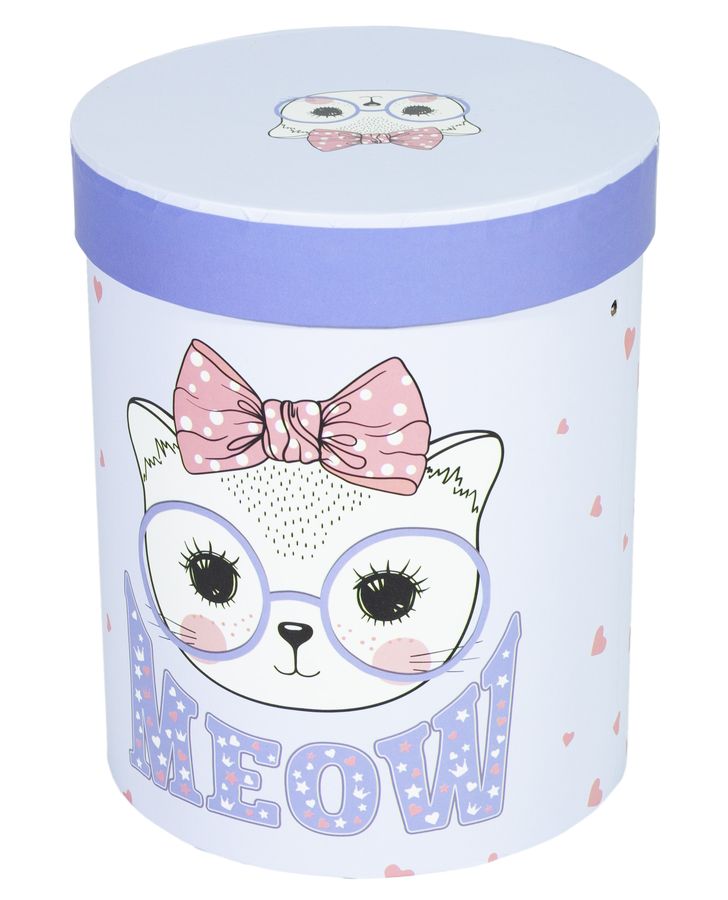 Кругла подарункова коробка 17,5x14,5/15,5x12,3 cm., для квітів "Коти" блакитна, (2шт в наборі) (371-41-2)