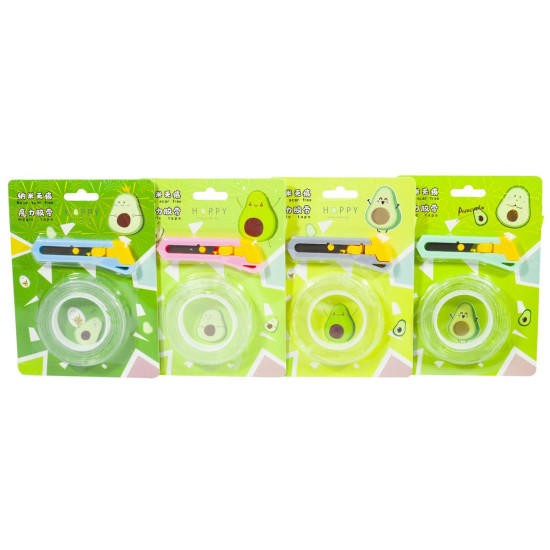 Скотч двусторонний акриловый многоразовый + нож канцелярский 1 х 100см "Авокадо" Unison (1609)