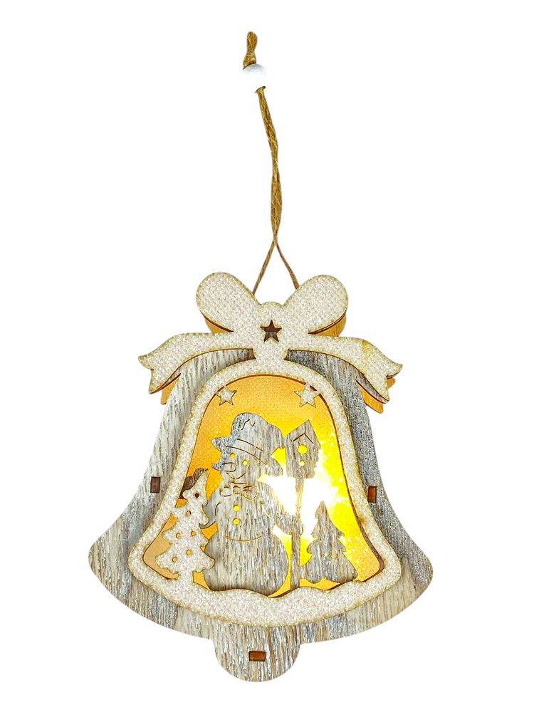Дерев'яна підвіска Дзвіночок-підсвічування зі сніговиком 12 х 10 х 2см (L00412.1)