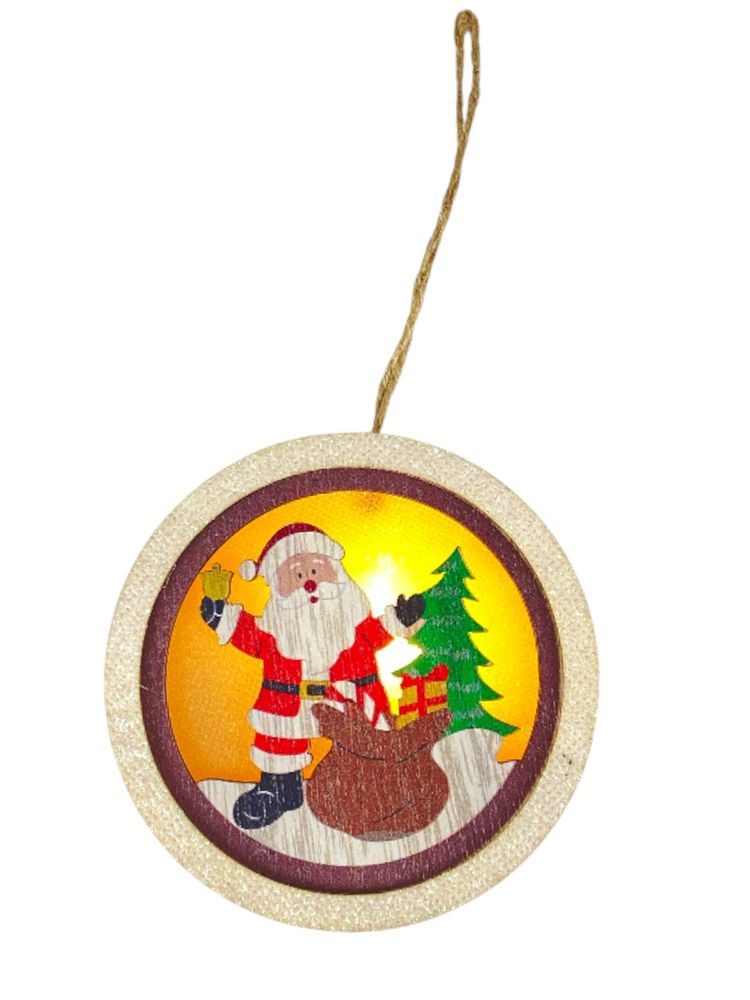 Деревянная подвеска шар-подсветка с Сантою 9,5 см (L00411.2)