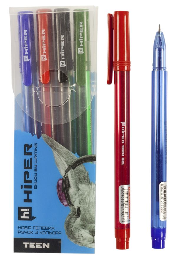 Набір ручок гелевих Hiper Teen Gel  HG-125/4, 0,6мм, червона, синя, зелена та чорна (HG-125/4)