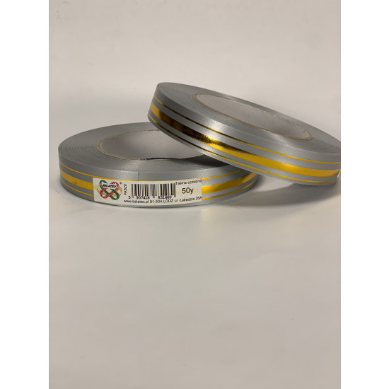Стрічка пластикова 2см, 50 ярд,  срібна 3 золоті  смужки, BELATEX Срібний Unison (PAS20 -silver gold)