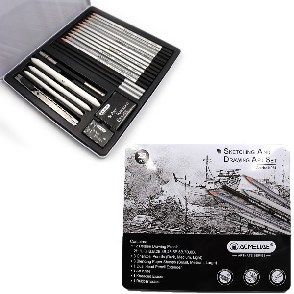 Олівці прості набір Acmeliae для замальовок 22 предмети 12 олівців, 3 олівця вугілля, 2 гумки, 1 ніж, 3 розтуш. Сірий Acmeliae (44054)