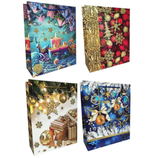 Пакет  подарочный новогодний с глиттером 200г, 26 х 32 х 10 см,  4 дизайна Разноцветный Unison (YM-S-1723-M-1)