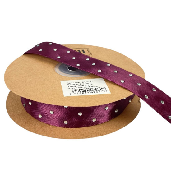 Атласна стрічка 2,5см х 18м зі стразами вишнева (D19125-A2-045)