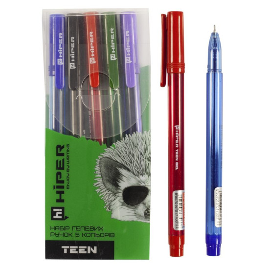 Набір ручок гелевих Hiper Teen Gel  HG-125/5, 0,6мм, червона, синя, зелена, фіолетова та чорна (HG-125/5)