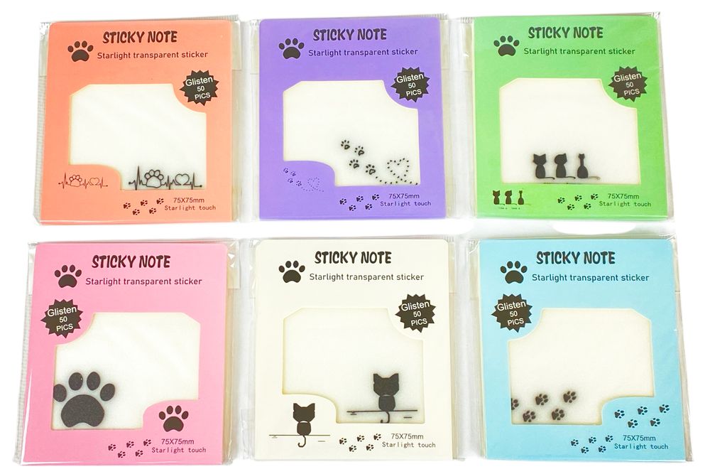 Папір для нотаток пластиковий полупрозорий з клейким шаром "Лапки котика"  75 х 75мм 50 аркушів (9188-8899)