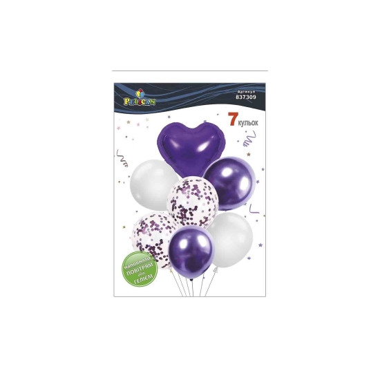 Набір з 7 кульок "Серце, фіолетово- білий мікс з хромом" Pelican (837309)