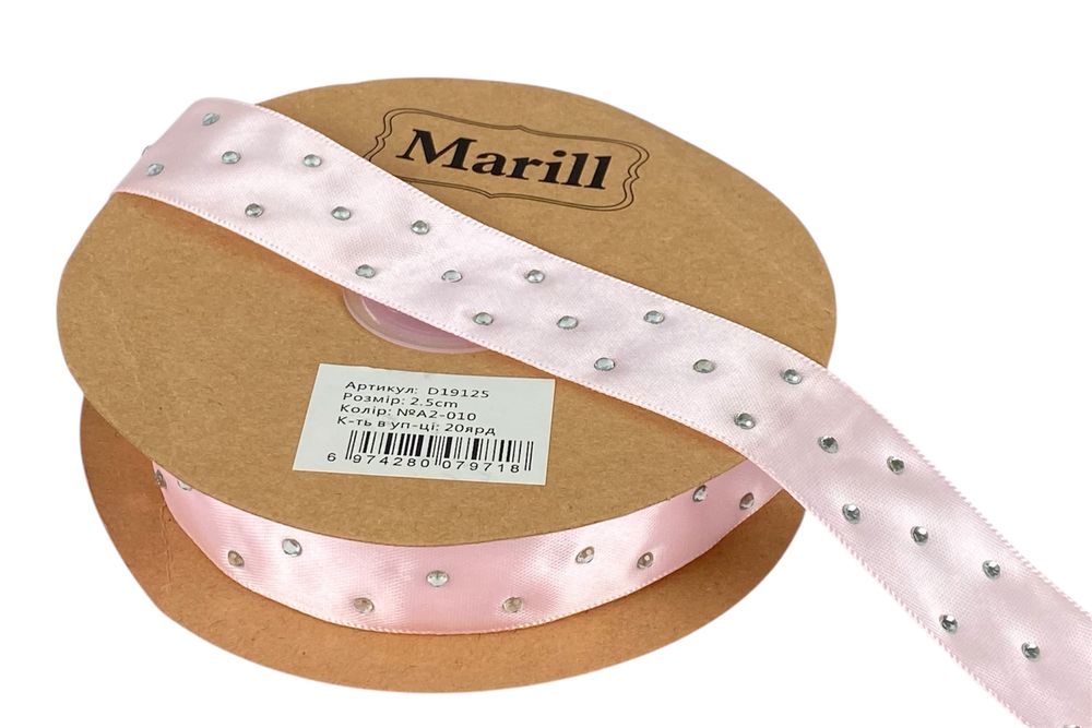 Атласна стрічка 2,5см х 18м зі стразами блідо-рожева (D19125-A2-010)