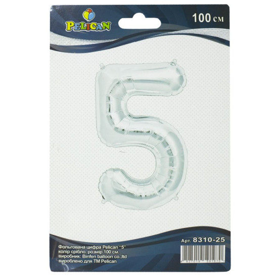 Цифра фольгована Pelican, "5" СРІБЛО 100см Срібний Pelican (831025)