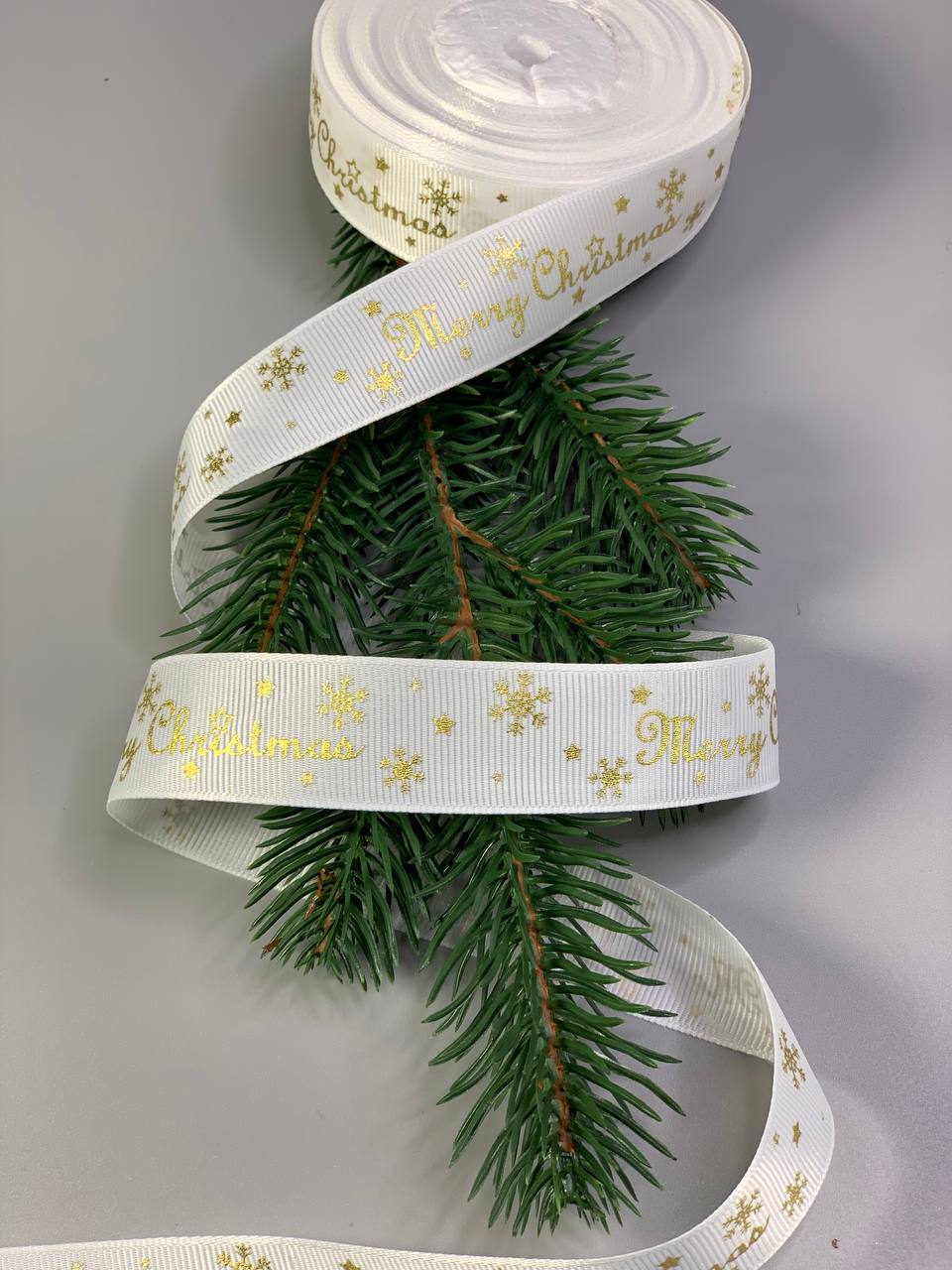 Стрічка репсова новорічна Merry Christmas 25мм х 22м Білий Unison (D13125 white)