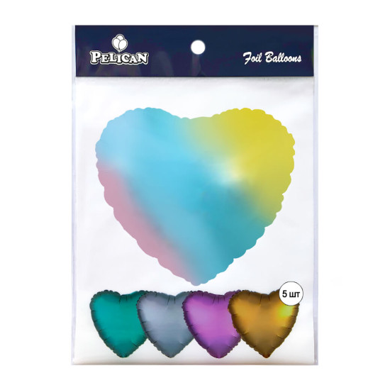 Кулька фольгована PELICAN серце 18' (45см), ГРАДІЕНТ НІЖНА ВЕСЕЛКА, 5шт/уп Різнокольоровий Pelican (833696)