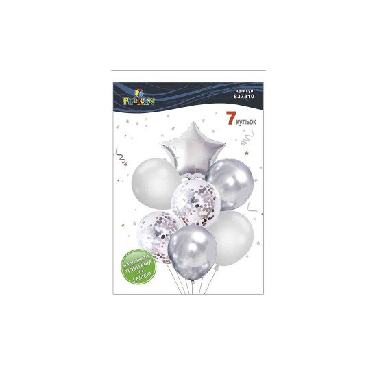 Набір з 7 кульок "Зірка, срібно- білий мікс з хромом" Pelican (837310)