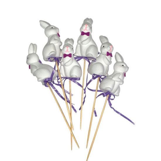 Набір  великодніх оксамитових  кроликів 8 х 4см -6шт на паличці (L00162 white)