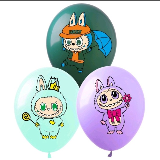 Кульки латексні 12"(30сm)  "Ляльки Лабубу" пастель 1-стор. 10шт (820111)