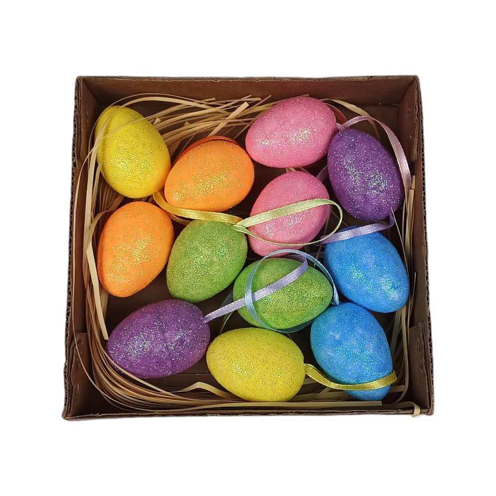 Набор цветных пасхальных яиц 5 х 3см  с глиттером- 12шт с лентой (L00534)