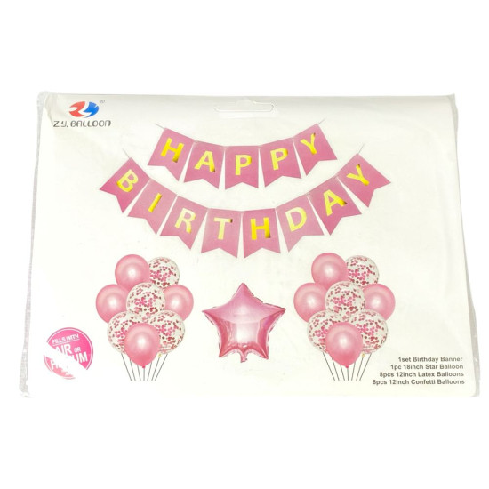 Набір кульок з розтяжкою Happy birthday та зіркою, рожевий (1210-1-P)