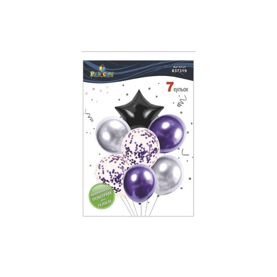 Набір з 7 кульок "Зірка, срібно- фіолетовий мікс з хромом" Pelican (837319)