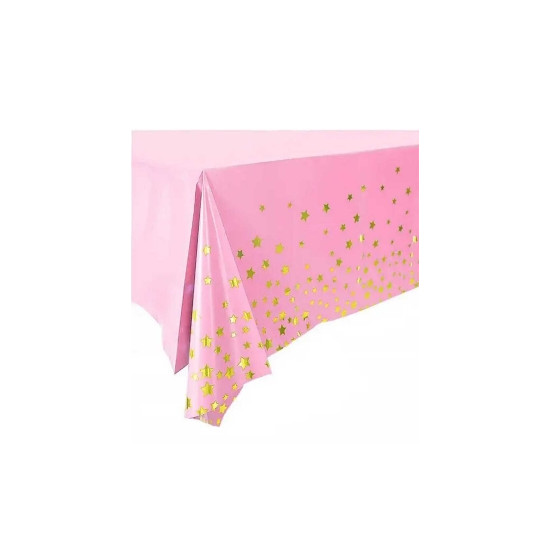 Скатертина рожева 137 х 183см, Зірочка  золота Блакитний Без бренду (871024)