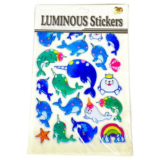 Наліпка пластикова рельєфна флуорісцентна, 10 х 30см Єдинороги та Дельфіни (Y-Q007)