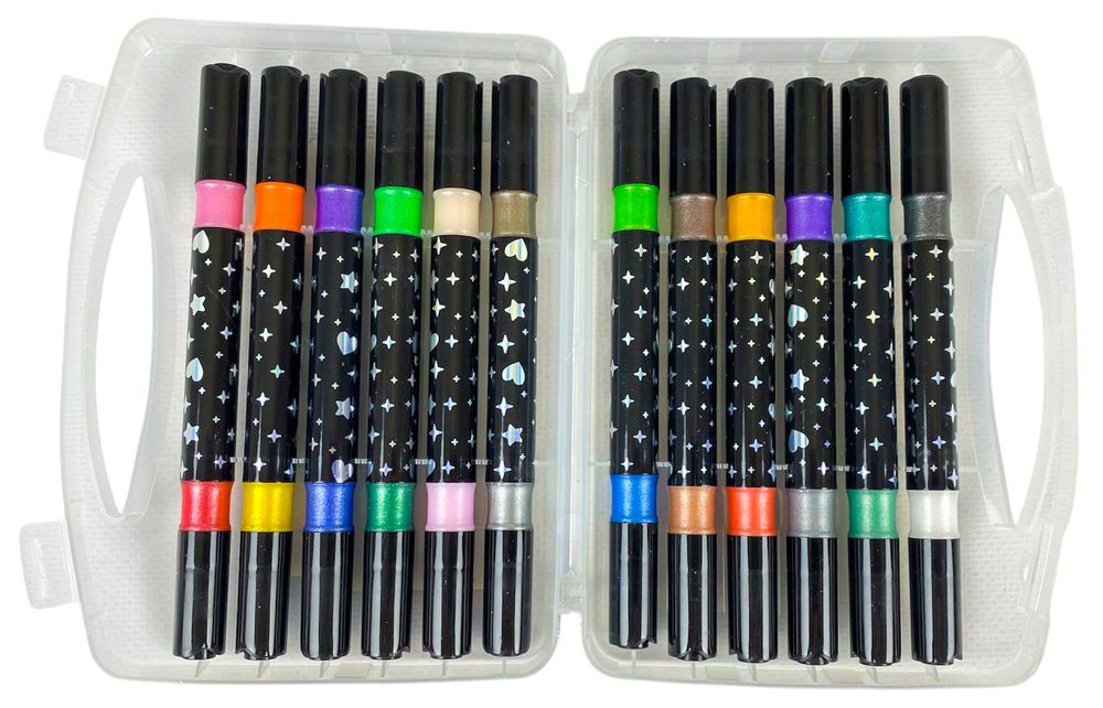 Набір маркерів-пензликів двосторонніх з глітером, 12шт (24 кольора), в пластиковому футлярі (TL-225-24)