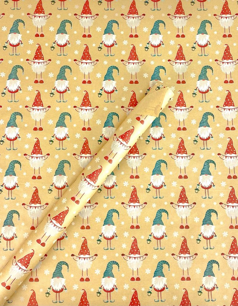 Крафт бумага подарочная  новогодняя "Гномики на крафте" , 0,68х8м (Пт-І-235)