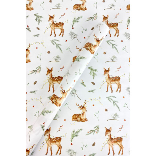 Крафт-папір подарунковий новорічний , "Олені на білому" , 0,68х8м (Пт-І-233)