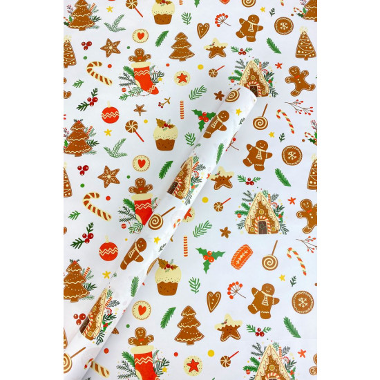 Крафт-папір подарунковий новорічний , "Пряники на білому" , 0,68х8м (Пт-І-232)
