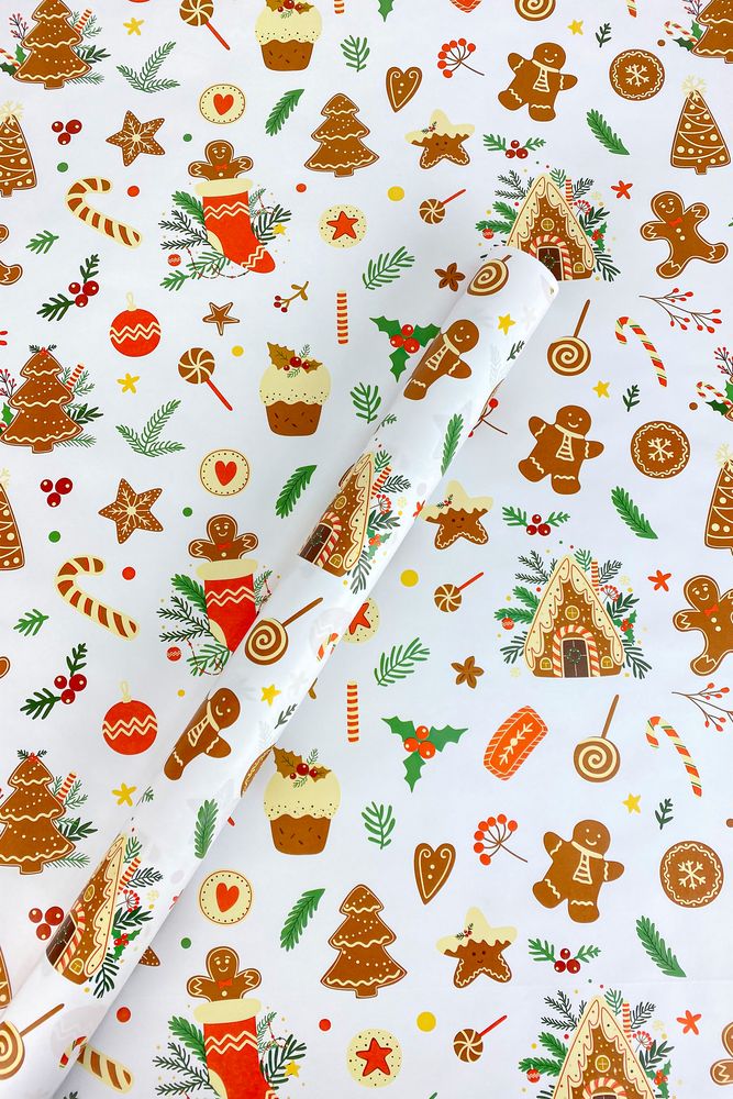 Крафт-папір подарунковий новорічний , "Пряники на білому" , 0,68х8м (Пт-І-232)