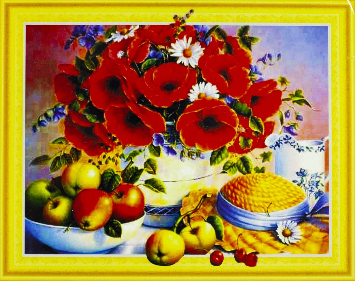 Алмазна мозаїка  3D за номерами 40*50см "Букет квітів і фруктів" карт уп. (Полотно на рамі камені) (016)