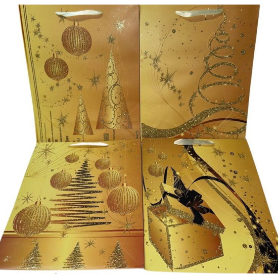 Пакет новорічний з глітером EF-1037XL-4, 30х41.5х12см 210гр, 4 дизайнb Золотий Unison (EF-1037XL-4)