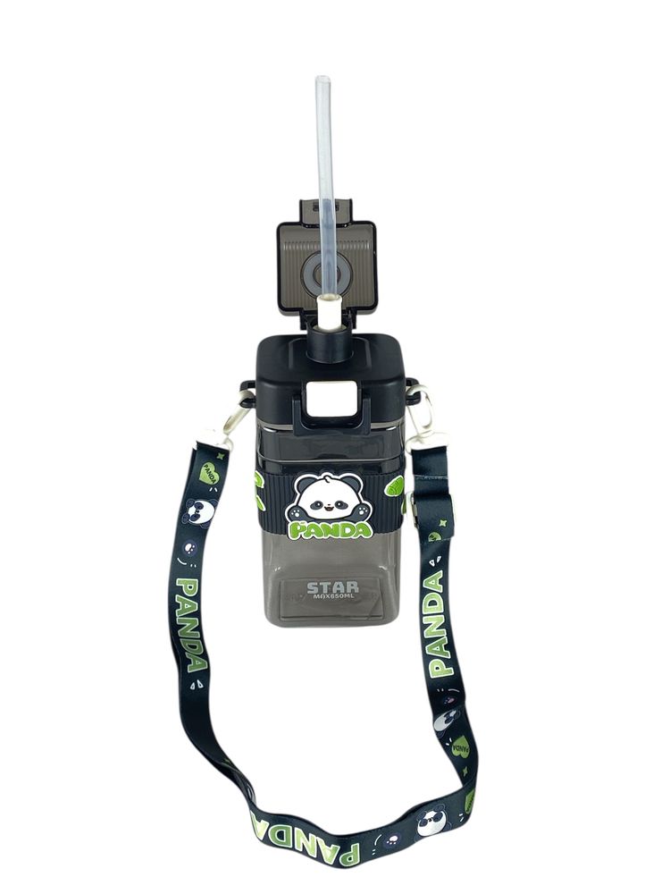 Бутылка для воды 650мл с трубочкой, на веревке Панда (95508)