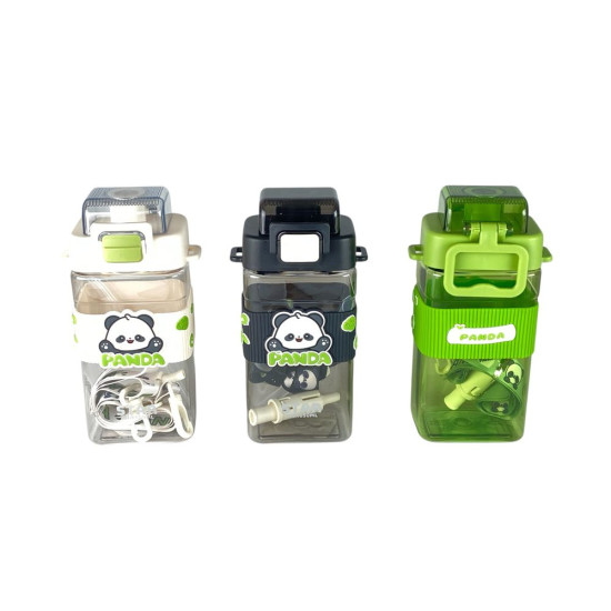 Бутылка для воды 650мл с трубочкой, на веревке Панда (95508)