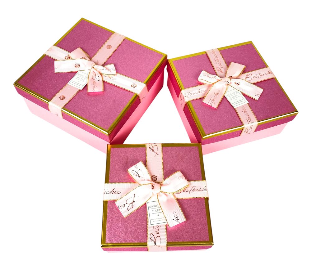 Набір коробок 3 шт квадратні, 19 х 19 х 9,5см з глітером (10238-pink)