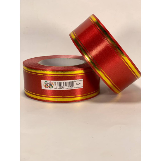 Лента пластиковая 5см, 50 ярд, красная + 2 золотые полоски, BELATEX (PAS50 -2 red)