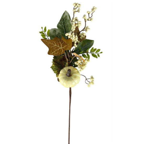 Осенняя веточка с тыквой, 43 см, молочно-коричнево-зеленая (с30583)