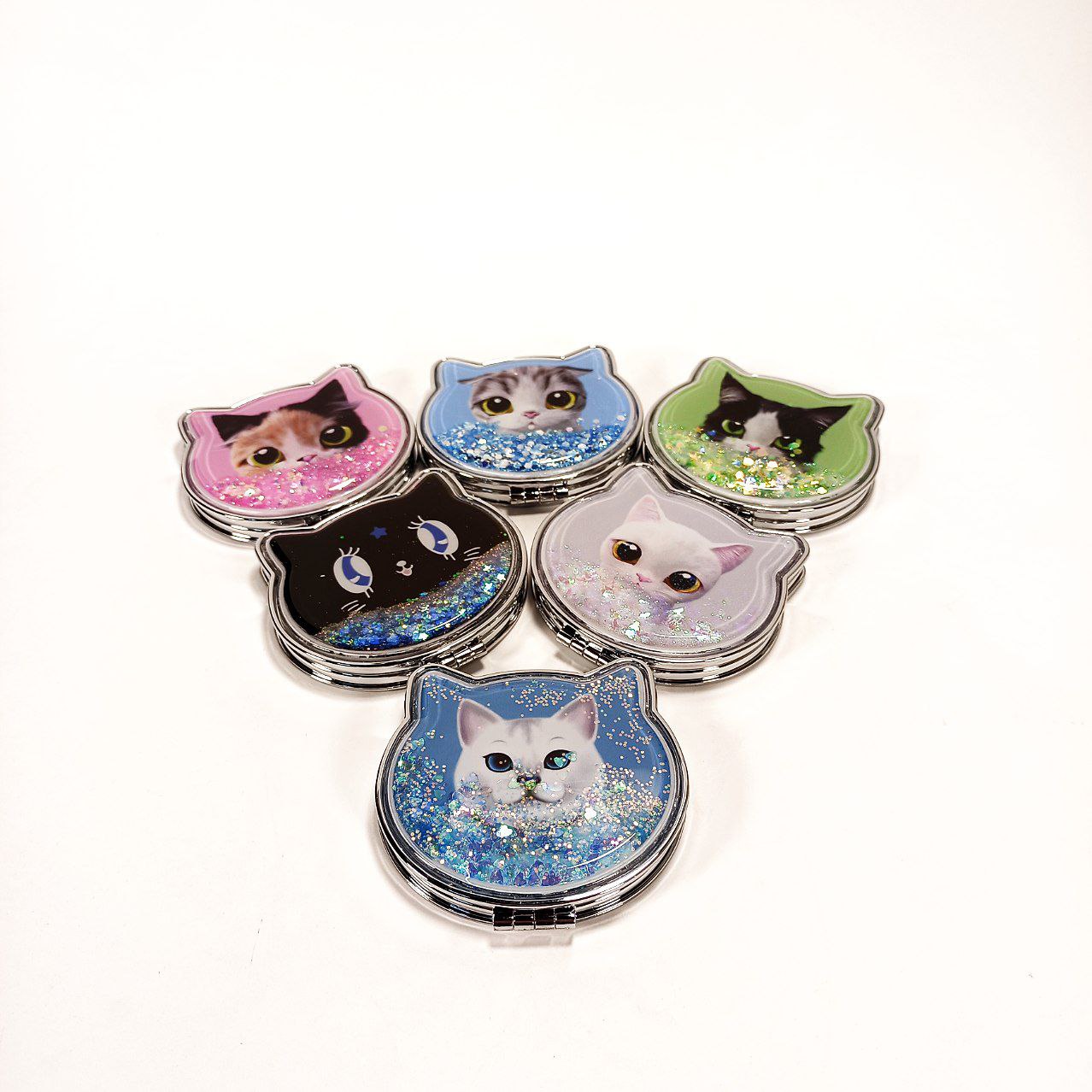 Зеркало карманное косметическое "Котик" фигурное с сыпучими блестками Разноцветный Unison (1258-1)