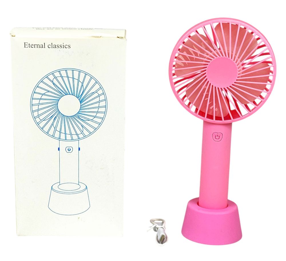 Вентилятор 21см, з ручкою + підставка для столу, 3 режима, micro/ USB Рожевий Unison (9231-CP pink)