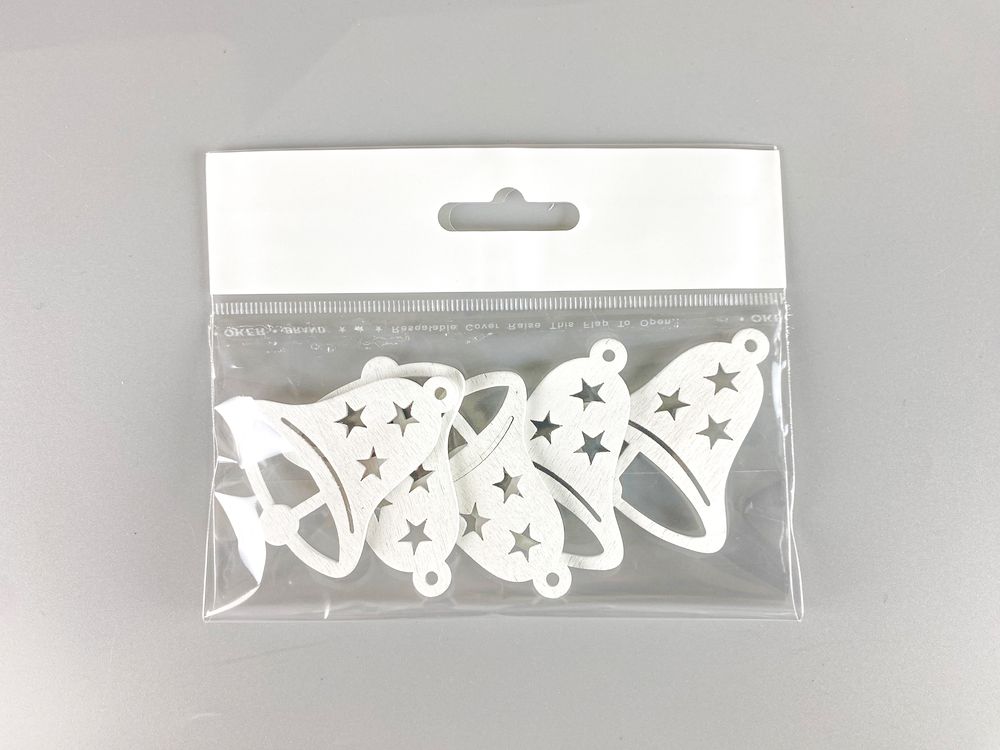 Дерев'яний дзвіночок з зірками  5 х 6см, білий, 5шт (TK-023)